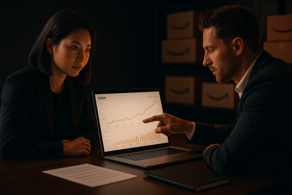 Mentoría Amazon FBA - reunión de negocio con gráficas de ventas